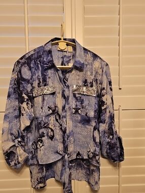 Chico's Shadow Scrolls Emily, Blue Abstract Print Sequin Pocket Button-Up Blouse
